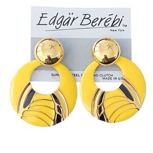Edgar Berebi Vintage Gold Metal Yellow Black Enamel Dangle Earrings NWT